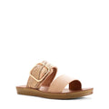 The Los Cabos Doti Taupe Multi Light Flexible Sandal is a women’s slip-on with a wide front strap, woven mid strap with large gold buckle, and flat sole—perfect summer sandals shown on a white background.