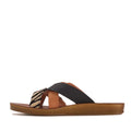 A side view of the Los Cabos Brik Black Brandy Zebra Women’s Slide Sandal highlights its flat, lightweight design, featuring crisscross black and zebra-print straps, an anatomical footbed with a tan cushioned sole, and an open toe silhouette.