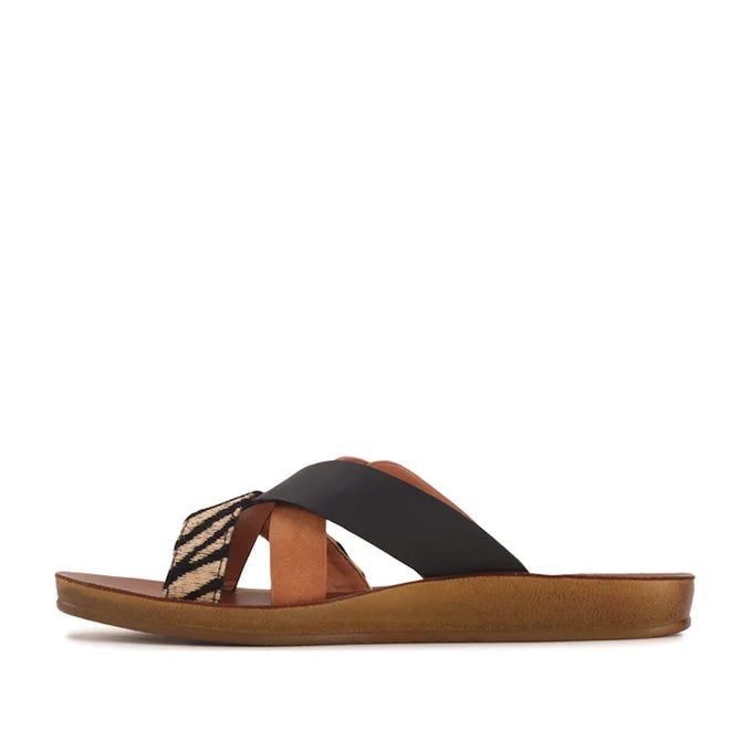 A side view of the Los Cabos Brik Black Brandy Zebra Women’s Slide Sandal highlights its flat, lightweight design, featuring crisscross black and zebra-print straps, an anatomical footbed with a tan cushioned sole, and an open toe silhouette.
