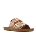 Introducing the Los Cabos Womens Dina Pecan Beige Light Flexible Two Strap Slide Sandal, featuring two wide leather straps with statement gold buckles and a flat brown sole crafted with an anatomical footbed for superior comfort.