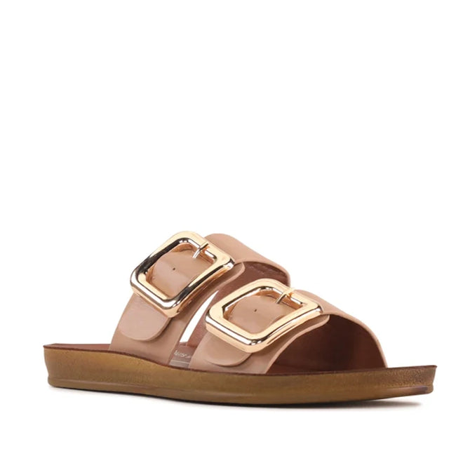 Introducing the Los Cabos Womens Dina Pecan Beige Light Flexible Two Strap Slide Sandal, featuring two wide leather straps with statement gold buckles and a flat brown sole crafted with an anatomical footbed for superior comfort.