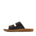 The Los Cabos Womens Dina Black Light Flexible Two Strap Slide Sandal is displayed in a side profile view on a white background, featuring two black straps, a brown cork sole, and an anatomical footbed designed for enhanced arch support.