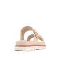 The Los Cabos San Women’s Slide Double Strap Sandal in Bone features a beige hue with double straps, a comfortable thick white sole, and gold chain detailing. The sandal is shown from the back at an angle against a white background., 9321190067897, 9321190067903, 9321190067910, 9321190067927, 9321190067934, 9321190067941, 53741