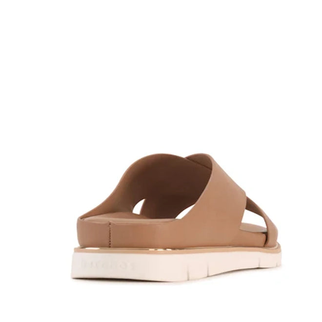 The Los Cabos Terigal Women’s Slide Cross Over Sandal in Taupe is displayed from the back angle on a white background, featuring crisscross straps and a white textured sole that highlight its minimalist design and comfortable cushioned footbed., 9321190077964, 9321190077971, 9321190077988, 9321190077995, 9321190078008, 9321190078015