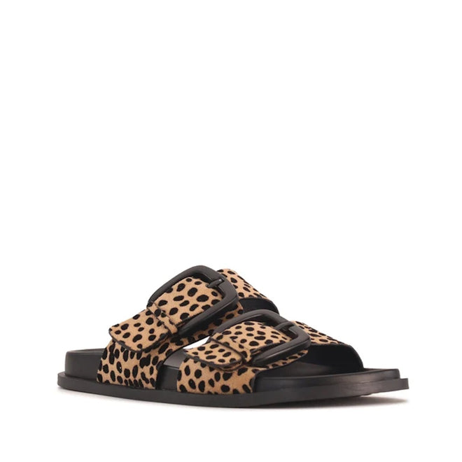 The Los Cabos Zani Women’s Slide Double Strap Sandal in Black Leopard features a black sole and two wide, buckled straps in a tan and black leopard print, designed with an ergonomic footbed for all-day comfort, displayed against a plain white background., 9321190078664, 9321190078671, 9321190078688, 9321190078695, 9321190078701, 9321190078718, 53733