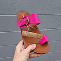 Los Cabos Bria Fuchsia Bright Pink Light Flexible Sandal Jandal- showing side view of the right foot of the comfy flexible synthetic sandals slides for women