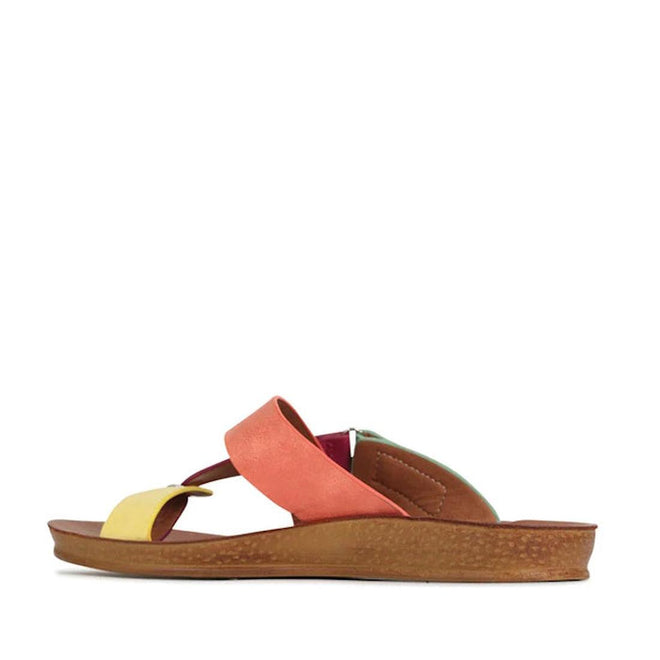 The Los Cabos Bry flat sandal flip flop features a brown sole, a yellow toe strap, and a wide coral strap across the foot, shown against a white background., 9321191151656, 9321191151663, 9321191151670, 9321191151687, 9321191151694, 9321191151700, 9321191151717