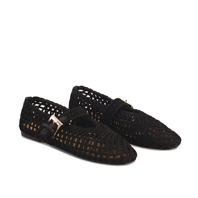 A pair of Los Cabos Lot Black Mary Jane Shoes in micro-fibre, featuring a woven design, pointed toe, and a buckle strap across the top, displayed against a plain white background., 9321190077964, 9321190074161, 9321190074178, 9321190074185, 9321190074192, 53625