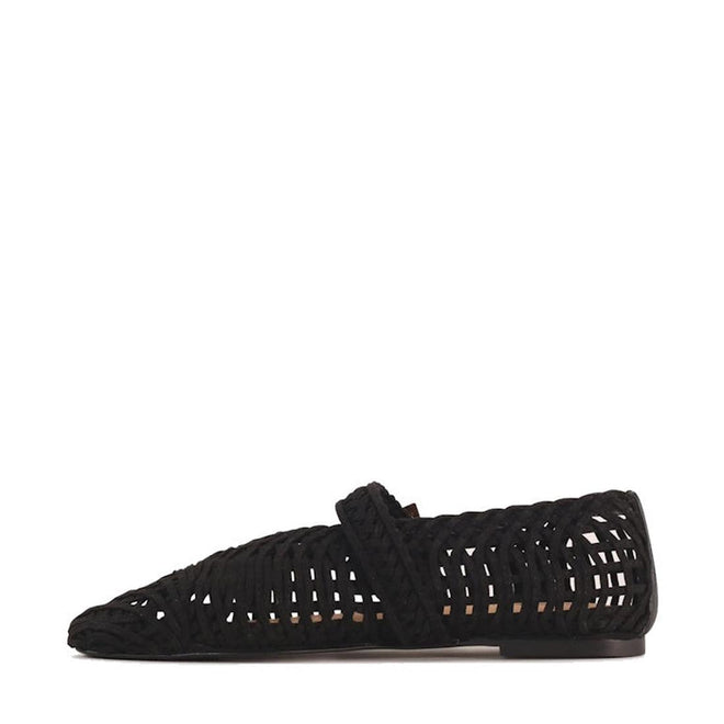 Los Cabos Lot Black Mary Jane Shoes in micro-fibre, featuring a woven design, pointed toe, and single strap across the top; shown from the side on a plain white background., 9321190077964, 9321190074161, 9321190074178, 9321190074185, 9321190074192, 53625