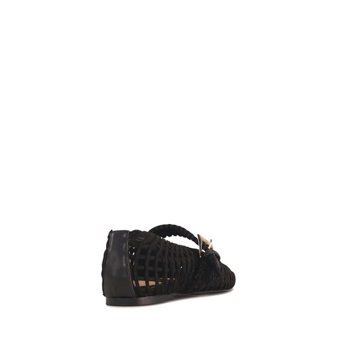 A rear view of the Los Cabos Lot Black Mary Jane Shoes in micro-fibre, featuring a black woven design and a buckle strap, shown against a white background., 9321190077964, 9321190074161, 9321190074178, 9321190074185, 9321190074192, 53625