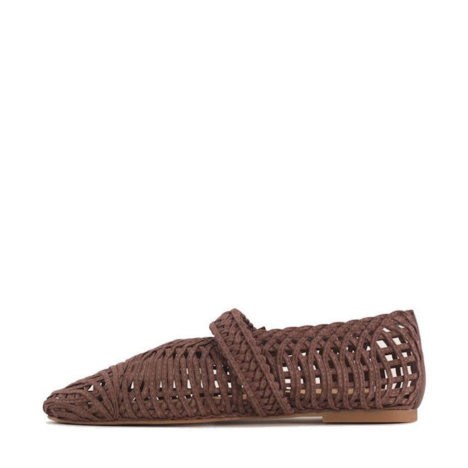 The Los Cabos Lot Chocolate Mary Jane Shoes in micro-fibre are displayed from the side against a white background, featuring a brown woven design, pointed toe, and a single strap across the top., 9321190074222, 9321190074239, 9321190074246, 9321190074253, 9321190074260, 53631