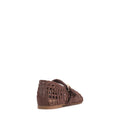 Introducing the Los Cabos Lot Chocolate Mary Jane Shoes in micro-fibre, featuring a brown woven design with a closed heel and open sides. Viewed from the back left angle, these shoes showcase a buckle detail on the upper side and are finished with a light brown sole., 9321190074222, 9321190074239, 9321190074246, 9321190074253, 9321190074260, 53631