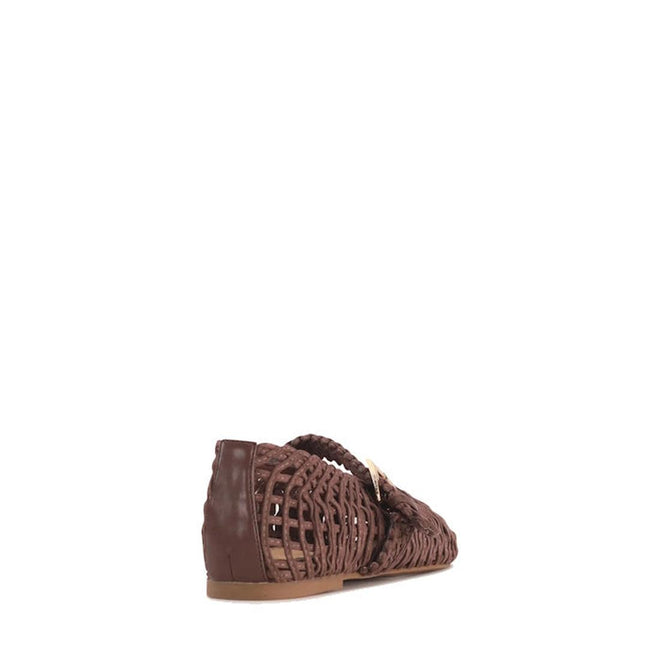 Introducing the Los Cabos Lot Chocolate Mary Jane Shoes in micro-fibre, featuring a brown woven design with a closed heel and open sides. Viewed from the back left angle, these shoes showcase a buckle detail on the upper side and are finished with a light brown sole., 9321190074222, 9321190074239, 9321190074246, 9321190074253, 9321190074260, 53631