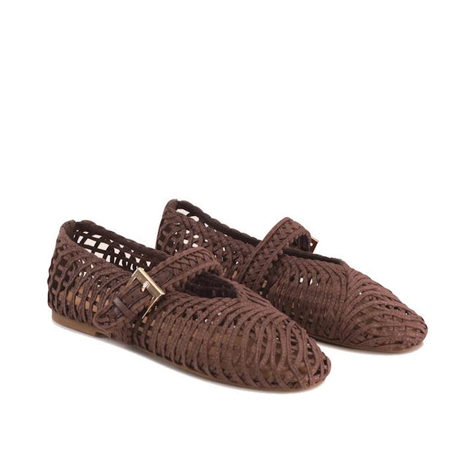 A pair of Los Cabos Lot Chocolate Mary Jane Shoes crafted from micro-fibre, featuring a brown woven design with a closed pointed toe, a strap across the top, low heel, and open weaving throughout., 9321190074222, 9321190074239, 9321190074246, 9321190074253, 9321190074260, 53631