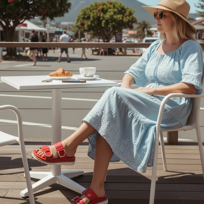 A pair of red synthetic slide sandals with wide double straps, large gold-tone metal D-rings, and white soles, shown on a plain white background., 54029, 9321190075564, 9321190075571, 9321190075588, 9321190075595, 9321190075601, 9321190075618