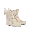 A pair of Pretty Brave Puddle Boot Ankle Rainboot Floral Secret Garden kids’ boots in cream with pastel floral patterns and pink, yellow, and green accents, featuring a cute ice cream cone charm on one side pull tab.
