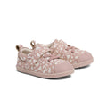 Pair of pink children's First walking shoes with a floral pattern on pink leather by Pretty Brave called Boston for a girly look on a white background