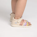 A toddler stands on a white surface wearing Pretty Brave 1st Walker Eden Rainbow Leather Open Toe Sandals, featuring podiatrist-approved design, pastel pink, yellow, purple, and silver straps, a blue heart detail, and an adjustable strap., 9420075355705, 9420075355699, 9420075355682, 9420075355675