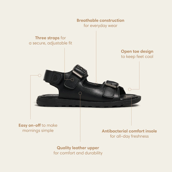 Pretty  Brave Milo Black Leather School Sandal Open Toe