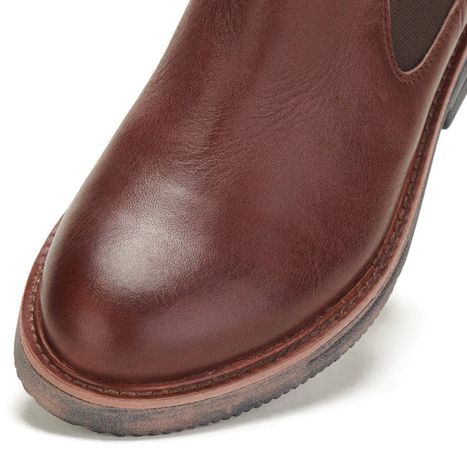 Close-up of the toe area of the Rollie Womens Chelsea Rise Vintage Mocha Leather Boot, highlighting its premium leather, smooth polished texture, and detailed stitching along the sole edge., 9339554341682, 9339554341699, 9339554341705, 9339554341712, 9339554341729