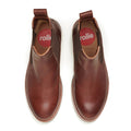 The Rollie Womens Chelsea Rise Vintage Mocha Leather Boot features brown premium leather, elastic side panels, pull tabs, and red insoles with a white Rollie Australia logo. Orthotic-friendly for all-day comfort. Viewed from above., 9339554341682, 9339554341699, 9339554341705, 9339554341712, 9339554341729