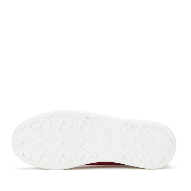The image shows the bottom view of a white sole with a textured geometric pattern and the Rollie logo, highlighting the ultralight Rollie Womens Derby City Punch Red Leather Trainer. The background is plain white., 9781760775599, 9781760775605, 9781760775612, 9781760775629, 9781760775636