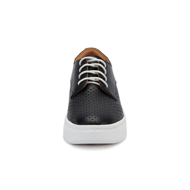 Front view of the Rollie Womens Derby City Punch Black Leather Trainer: black perforated leather, white laces, thick white sole, orthotic-friendly removable footbed, shown on a plain white background., 9339554259628, 9339554259635, 9339554259642, 9339554259659, 9339554259666, 9339554259673