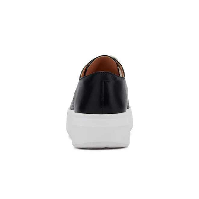 The Rollie Womens Derby City Punch Black Leather Trainer is shown from the back on a white background. This low-cut sneaker features a black upper, white platform sole, brown inner lining, and a removable orthotic-friendly footbed for comfort., 9339554259628, 9339554259635, 9339554259642, 9339554259659, 9339554259666, 9339554259673