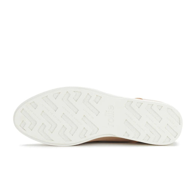 The image shows the sole of the Rollie Womens Derby Super Soft Latte Leather Shoe in white, featuring a geometric zigzag pattern and “jollie” embossed near the center. The clean sole highlights its sneaker-like comfort and new condition., 9781760763848, 9781760763855, 9781760763862, 9781760763879, 9781760763886