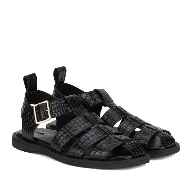 Rollie Womens Fisherman Sandal Black Emboss Leather
