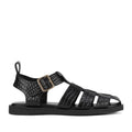 Rollie Womens Fisherman Sandal in black embossed leather featuring a gold buckle ankle strap, flat sole, and a cushy padded footbed., 9339554003016, 9339554003023, 9339554003030, 9339554003047, 9339554003054, 9339554003061