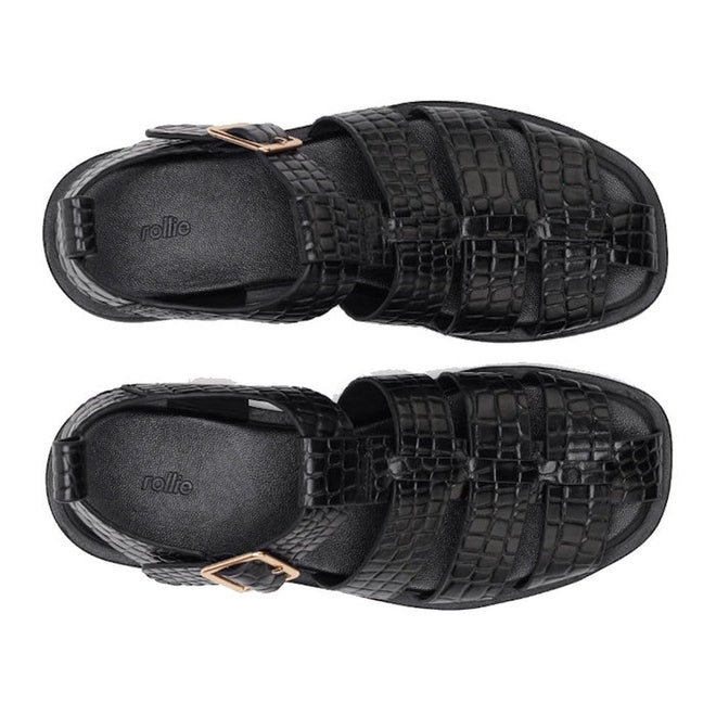 Rollie Womens Fisherman Sandal Black Embossed Leather featuring an embossed texture, a cushy padded footbed, and an ankle strap with a gold buckle., 9339554003016, 9339554003023, 9339554003030, 9339554003047, 9339554003054, 9339554003061