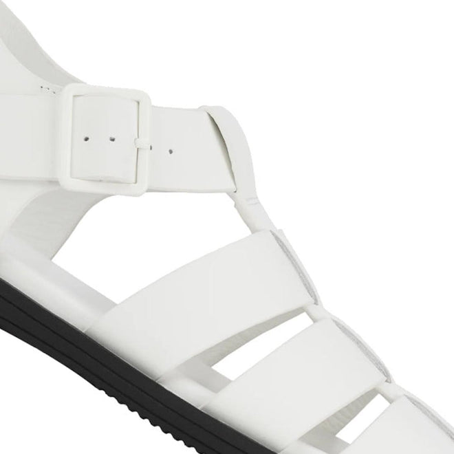 Rollie Womens Fisherman Sandal White Black Leather in a premium white fisherman-style design with a buckled ankle strap and a black ridged sole., 9339554003092, 9339554003108, 9339554003115, 9339554003122, 9339554003139, 54669