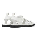 Side and rear view of the Rollie Womens Fisherman Sandal White Black Leather featuring a white fisherman design with a black sole and cushy padded footbed., 9339554003092, 9339554003108, 9339554003115, 9339554003122, 9339554003139, 54669