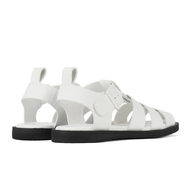 Side and rear view of the Rollie Womens Fisherman Sandal White Black Leather featuring a white fisherman design with a black sole and cushy padded footbed., 9339554003092, 9339554003108, 9339554003115, 9339554003122, 9339554003139, 54669