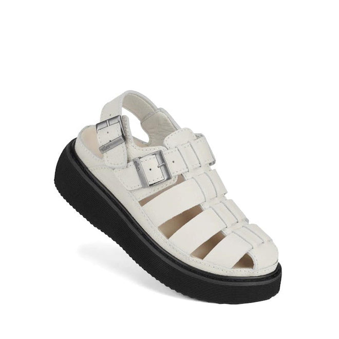 Right foot front and outer side view White Rollie Hyde Fisherman sandal with black sole on a white background. Shows ankle strap with buckle fastening on heel and over the top of the foot top strap. Three other straps ver the foot and one lengthwise covering the toe.