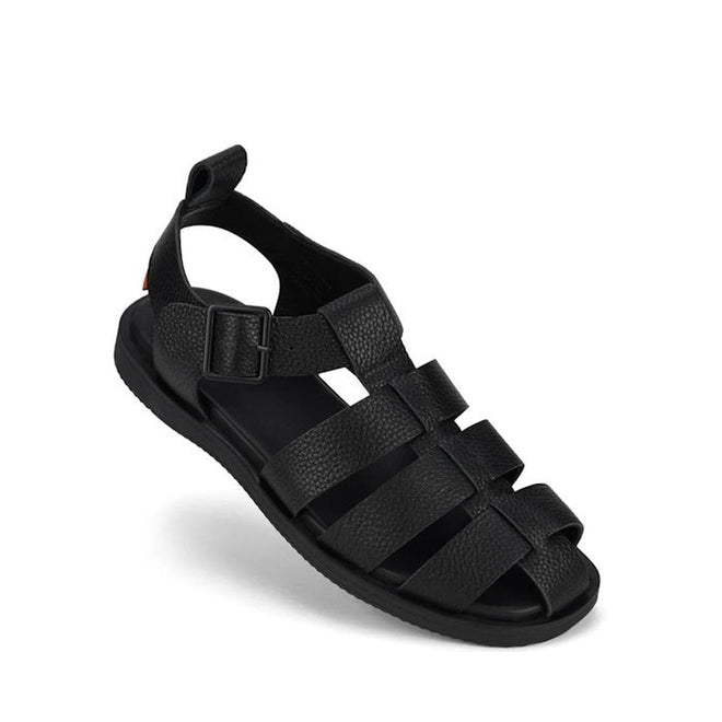 Right foot Rollie Fisherman Black sandal with multiple straps over tthe foot ans heel strap with buckle around the ankle on a white background.,
