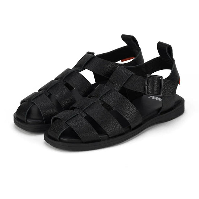A pair of Rollie Fisherman Black sandals with woven straps showing side view on a white background.,
9781760777722,
9781760777739,
9781760777746,
9781760777753,
9781760777760,
9781760777777,