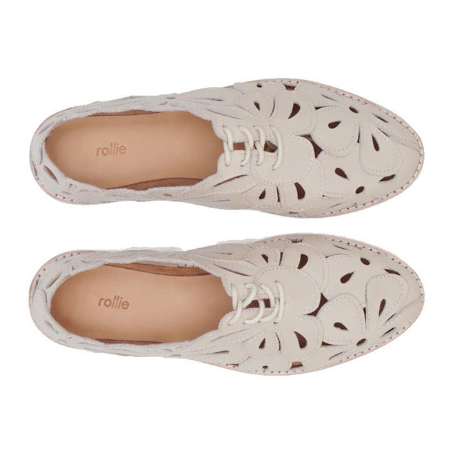 Rollie Derby Sidecut Applique Bone Womens Leather shoes in off-white, featuring decorative cutouts and lace-up closures., 54662, 9339554216393, 9339554216409, 9339554216416, 9339554216454, 9339554216461, 54663