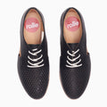 The Rollie Womens Sidecut Punch Black Leather Shoe features black perforated leather, white laces, cushy EVA midsoles, and insoles marked with a pink circle and "rollie" in white—breathable and comfy, viewed from above., 9339554249179, 9339554249186, 9339554249193, 9339554249209, 9339554249216, 9339554249223, 9339554249230