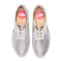 The Rollie Womens Sidecut Punch Silver Metallic Leather Shoe features metallic silver leather, white laces, perforated toe design, tan insoles with "rollie" in a pink circle, and an anti-slip rubber outsole for comfort., 9339554231341, 9339554231358, 9339554231365, 9339554231372, 9339554231389