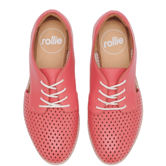 Rollie Womens Sidecut Punch Coral Paradise leather oxford shoes in coral with punch hole detailing, white laces, and side cutouts., 54741, 54742, 9382760798733, 9382760798740, 9382760798757, 9382760798764, 54747