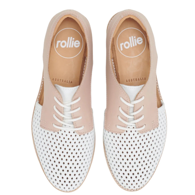 Top-down view of Rollie Womens Sidecut Punch White/Chalk Pink Leather Shoe featuring pink and white lace-ups with perforated white toe boxes and side cutouts for breathability., 9781760765675, 9781760765682, 9781760765699, 9781760765705, 9781760765712