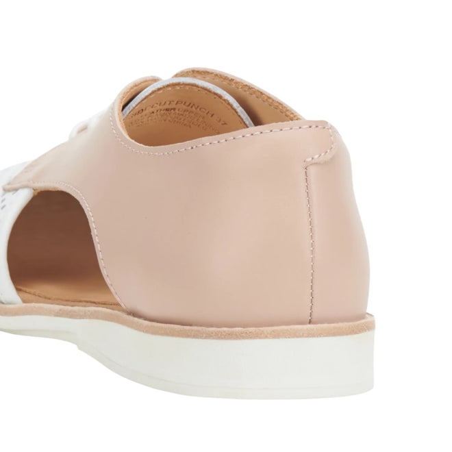 Close-up of the heel and sidecut design of the Rollie Womens Sidecut Punch White/Chalk Pink Leather Shoe., 9781760765675, 9781760765682, 9781760765699, 9781760765705, 9781760765712