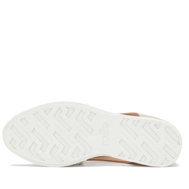 White sole of the Rollie Womens Sidecut Punch White/Chalk Pink Leather Shoe featuring a geometric tread pattern and text branding., 9781760765675, 9781760765682, 9781760765699, 9781760765705, 9781760765712