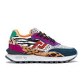The Rollie Womens Kentu Jungle Clash Trainer is an orthotic-friendly sneaker with zebra and leopard prints, colorful green, purple, orange, pink, and blue accents, black laces, an anti-slip sole, and a speckled white finish.