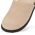 Close-up of the toe of a suede Rollie Mills Mule in a beige colour and a black sole on a white background.,
9781760789114,
9781760789121,
9781760789138,
9781760789145,
97817760789152,