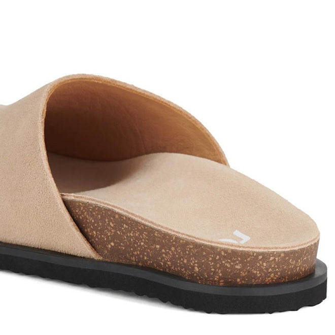 The heel veiw of a Rollie Mills Mule showing the open back and cork midsole and moulded footbed and a support in the arch of the foot sandal with cork sole on a white background.,
9781760789114,
9781760789121,
9781760789138,
9781760789145,
97817760789152,