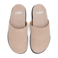 Pair of Rollie Mills Mules with a covered toe an open back, top down view showing beige sole with 'rollie' branding on a white background.,
9781760789114,
9781760789121,
9781760789138,
9781760789145,
97817760789152,