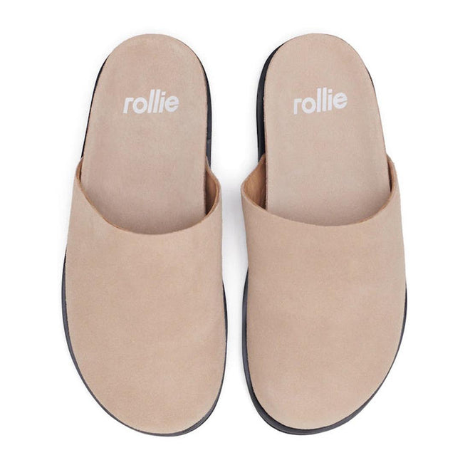 Pair of Rollie Mills Mules with a covered toe an open back, top down view showing beige sole with 'rollie' branding on a white background.,
9781760789114,
9781760789121,
9781760789138,
9781760789145,
97817760789152,